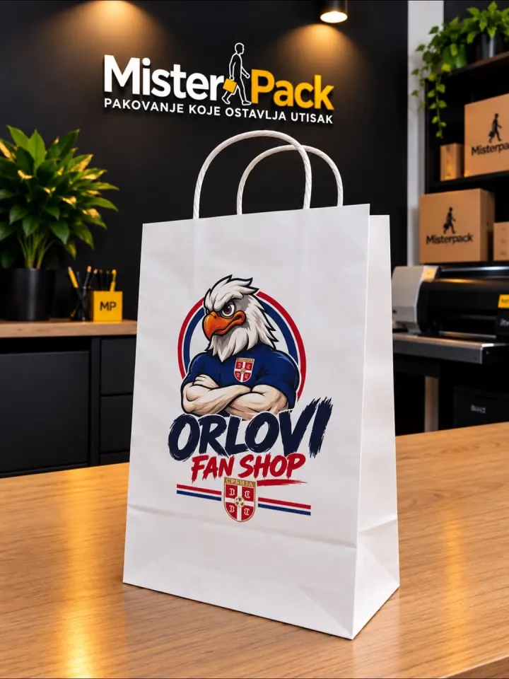 Bela kesa Orlovi Fan Shop sa maskotom orla